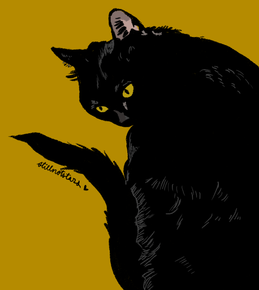 a curled up black cat on a yellow background, gazing thoughtfully into space